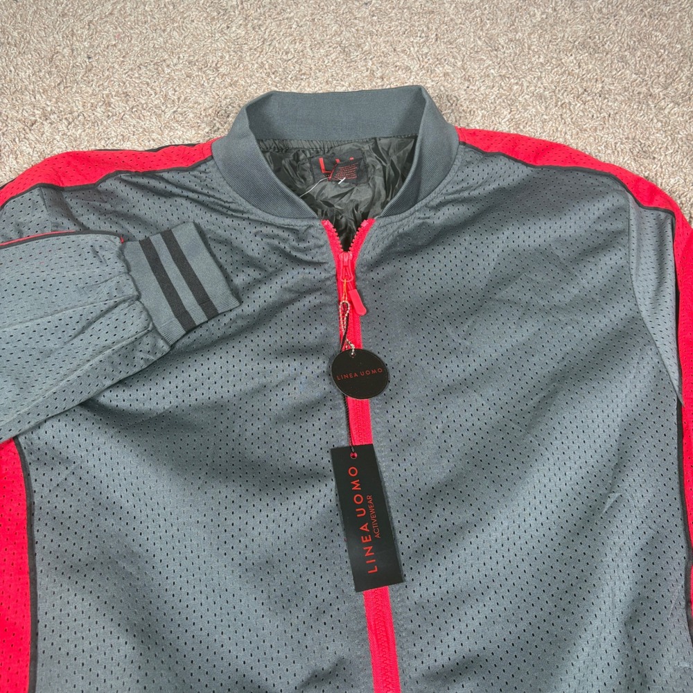 Linea Uomo Men's Charcoal Red Black Mesh Bomber Track‎ Jacket Activewear XL